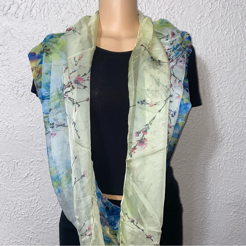 Kimberly C. Floral Sheer Infinity Scarf with Blue and Green Accents